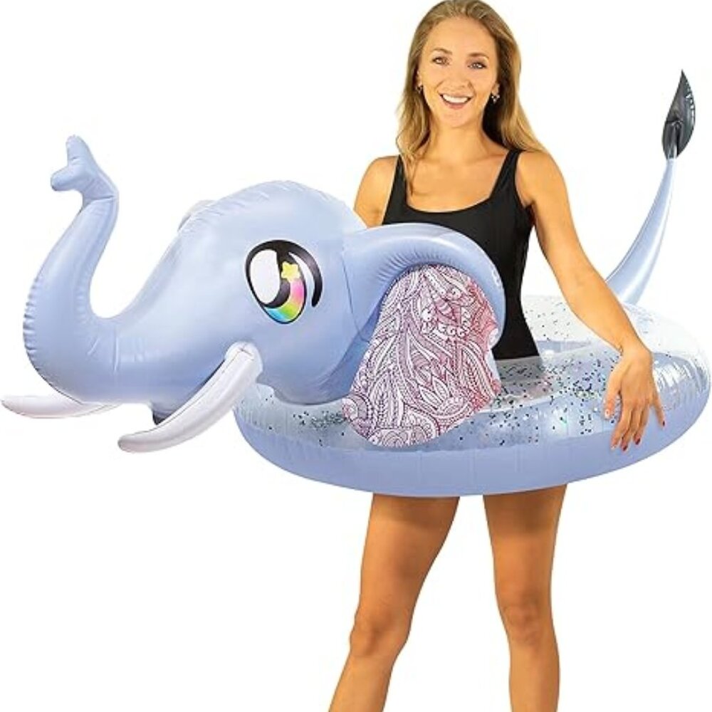 PoolCandy Inflatable 42" Elephant  Swim Ring- Glitter Inflatable Tube